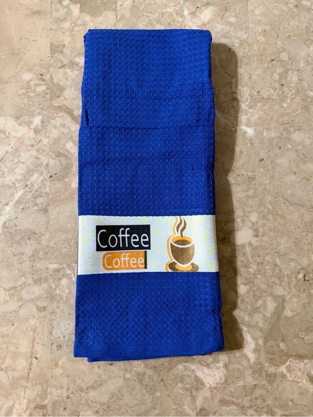 YNS Generic Royal Blue Coffee Motif Waffle Kitchen Towels - Set of 3